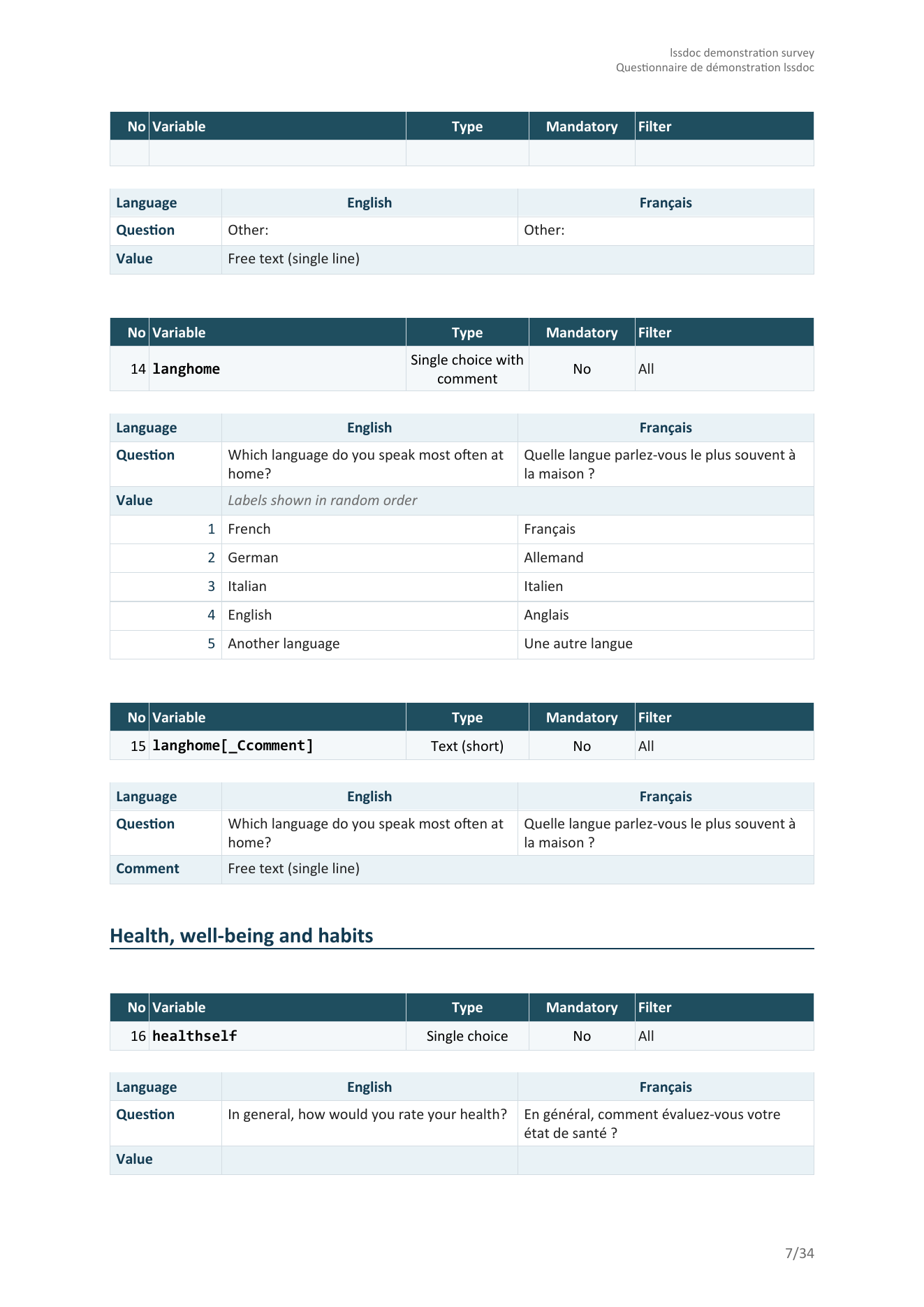 Cards layout: one card per question stacked vertically, French and German side by side -- a free-text Other field, a single-choice-with-comment question showing its labelled answer scale and paired comment row, then a new section heading and the next single-choice question